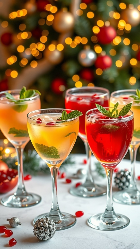 Festive non-alcoholic Christmas cocktails in glasses with mint and pomegranate, on a decorated table.